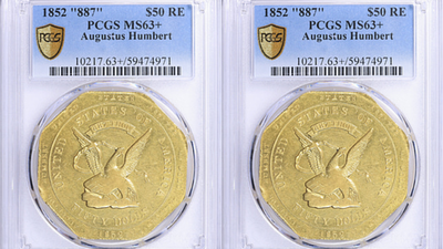 An 1852 California Gold $50 coin from the Gold Rush era sold for $367,875 (Image Credit: GreatCollections) An 1852 California Gold $50 coin from the Gold Rush era sold for $367,875 on September 6; the rare piece was one of eight territorial coins in a collection that drew 475 bids from collectors