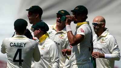 Australian players having refreshments during a drinks break on day three of the first cricket test match between South Africa and Australia, in Durban, South Africa, Sunday, Oct. 11, 2026. (AP Photo) Australia tighten grip on Durban Test after restricting South Africa to 284, take 139-run lead after day 3