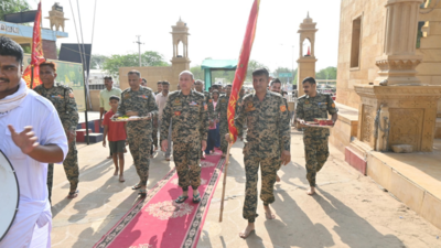 BSF officers at Tanot Mata temple in Jaisalmer. ‘Goddess of bombs’: Tanot Mata temple in Jaisalmer witnesses a massive Navratri turnout