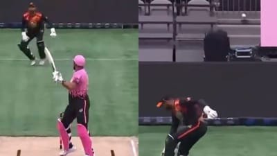 Ali Khan bowled a bouncer that sailed over the fence. (Screen shot from X) Ali Khan bowled a bouncer that sailed over the fence. (Screen shot from X)