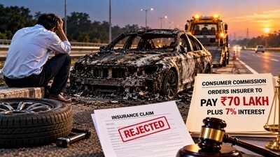 He left his BMW locked on the highway after midnight puncture, next morning it was found burnt; insurer rejected claim, but consumer commission orders Rs 70 lakh plus 7% interest