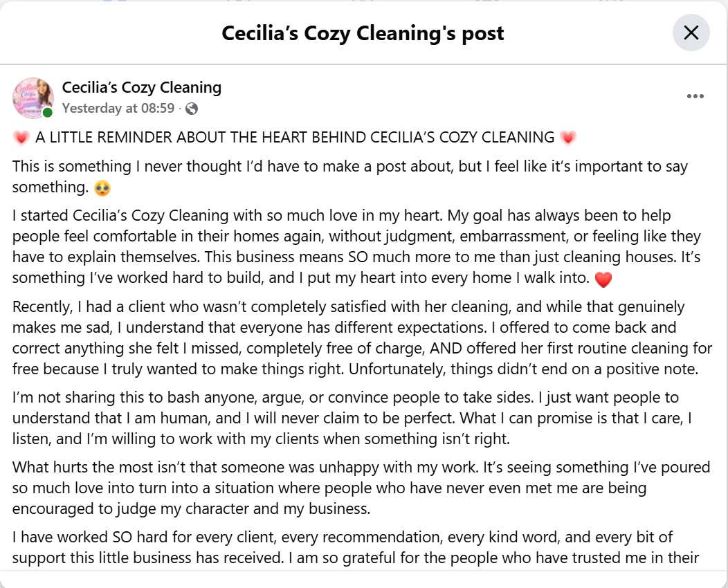 Cecilia Bodart apologised for poor communication, maintained that the cleaning work warranted payment and offered Kimberly Kemper a $100 refund instead of the $250 she requested.