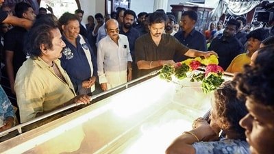 Tamil Nadu Chief Minister C. Joseph Vijay pays his respects by offering a floral garland on the mortal remains of the late music composer Deva at T. Nagar, in Chennai on Saturday. (@CMOTamilnadu X/ANI Photo) (@CMOTamilnadu X) Tamil Nadu Chief Minister C. Joseph Vijay pays his respects by offering a floral garland on the mortal remains of the late music composer Deva at T. Nagar, in Chennai on Saturday. (@CMOTamilnadu X/ANI Photo) (@CMOTamilnadu X)