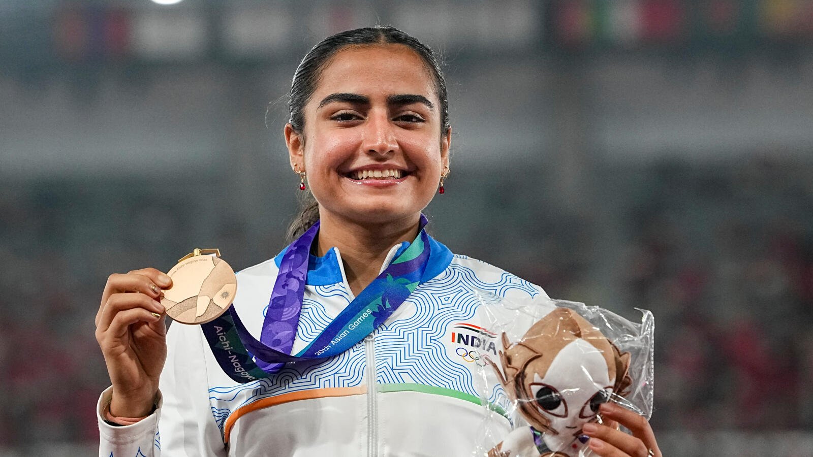 Harita Bhadra on podium after winning bronze medal at Asian Games