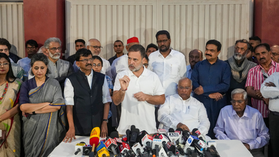 Leader of opposition in the Lok Sabha Rahul Gandhi, Congress President Mallikarjun Kharge, party leaders Priyanka Gandhi Vadra, KC Venugopal, and other leaders of the INDIA bloc address a joint press conference, in New Delhi. (PTI Photo) 'Lady hiding in Dehradun': Who was Rahul Gandhi referring to at INDIA bloc presser?