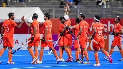 India's players celebrate a goal during the men's Hockey final's gold medal match between Malaysia and India in the ongoing 20th Asian Games, in Gifu, Japan. Harmanpreet Singh leads the charge as India tear through Malaysia 5-1 for Asian Games men's hockey gold; seal LA28 Olympics spot