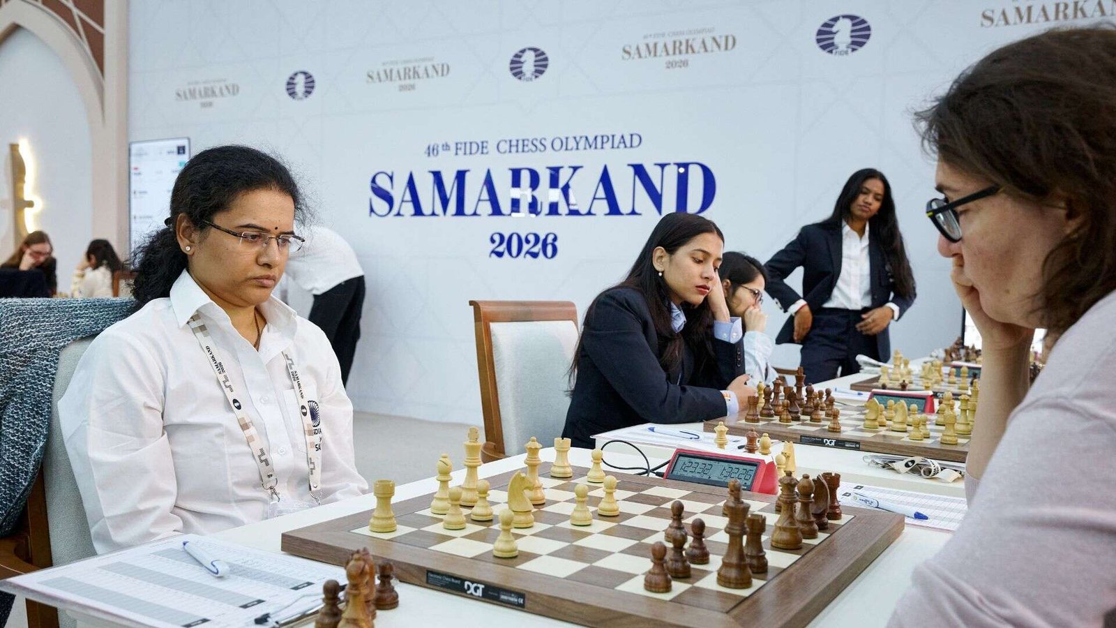 Koneru Humpy during her Round 11 match at Chess Olympiad (Photo by Rafal Oleksiewicz for FIDE)