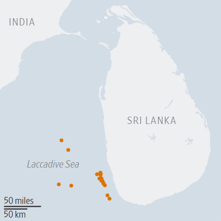Location of stranded Iranian ships off Sri Lanka's coast as of September 29 (Source: MarineTraffic)<br>