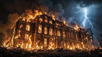 Representative Image of a grand mansion engulfed in flames, with lightning striking in the background, symbolizing destruction and loss (AI-generated image) An Illinois mansion had $8.75 million in insurance coverage after a fire, but its owner received just $25,000 for most contents used in a wedding and lodging business