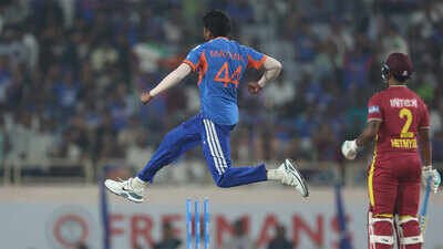 Mayank Yadav celebrates after taking the wicket of Shimron Hetmyer. (Pic credit: BCCI) 149.5kmph thunderbolt! Mayank Yadav leaves West Indies reeling after India’s record T20I total in Ranchi