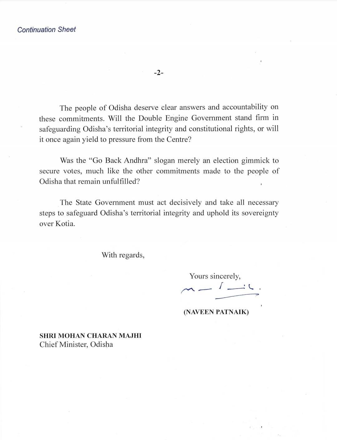 Naveen Patnaik's letter to CM Mohan Charan Manjhi.
