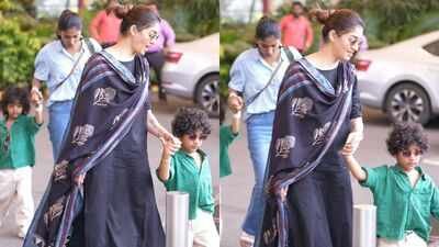 Nayanthara spotted in Mumbai with twin sons Uyir and Ulagam; boys twin in matching outfits