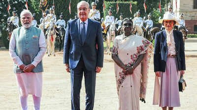 File photo: Swiss Confederation president Guy Parmelin, along with his wife, Caroline Merotto, poses for a picture with President Droupadi Murmu and Prime Minister Narendra Modi PM Modi meets Swiss president Parmelin in Delhi; trade, investment on agenda
