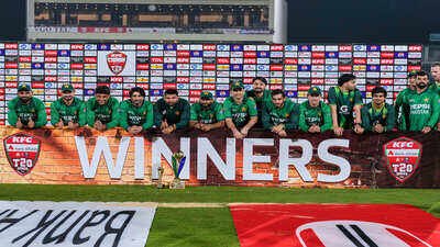 Player of Pakistan team pose for photograph with T20 series trophy on the of the third T20 cricket match between Pakistan and Sri Lanka, in Rawalpindi, Pakistan, Tuesday, Oct. 13, 2026. (AP Photo/Anjum Naveed) 3rd T20I: Sahibzada Farhan’s 76 in vain as Sri Lanka avoid whitewash againt Pakistan