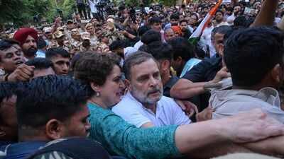Rahul Gandhi and Priyanka Gandhi during protest. FIR against Rahul, Priyanka Gandhi over 'assault' during anti-Gyanesh Kumar protest in Delhi