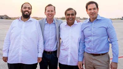 Marco Rubio, US Ambassador to India Sergio Gor with Ambanis during a visit to RIL's Jamnagar Refinery Complex. At Jamnagar refinery, Rubio and Ambanis discuss energy, digital infra, giga factories