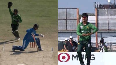 Saim Ayub’s gesture after dismissing Vaibhav Sooryavanshi (Screengrab/X) IND vs PAK: Saim Ayub’s cheeky send-off to 15-year-old Vaibhav Sooryavanshi grabs attention in Asian Games final - Watch