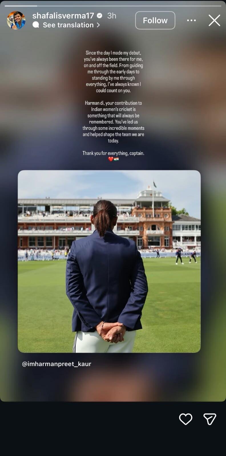 Shafali Posted on her Instagram story