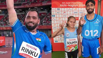Javelin thrower Rinku and middle-distance runner Soumya celebrate after winning gold medals in their respective events. (Pic credit: X) Asian Para Games Medal Tally: Where does India stand after a bumper 11-medal haul on Day 1?