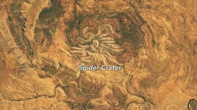 Spider Crater in Western Australia may be 600–900 million years old, preserving evidence of an ancient meteorite impact. (Image: NASA) NASA's latest satellite imagery reveals Australia's giant spider; the striking landscape created by an ancient impact is a huge crater