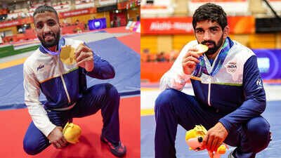 India's gold-medallist wrestlers - Sujeet Kalkal and Aman Sehrawat. World champion beaten, Olympic champion toppled at Asian Games: Wrestlers dream of hearing India’s national anthem at the LA Olympics