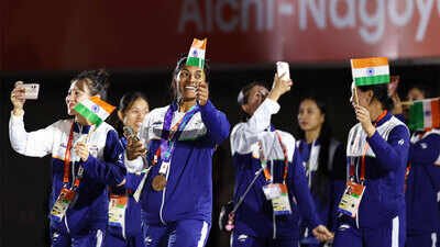 India contingent during the athletes parade at the closing ceremony. (Reuters Photo) Asian Games 2026: Curtain comes down in Aichi-Nagoya as Doha receives flag for 2030 edition