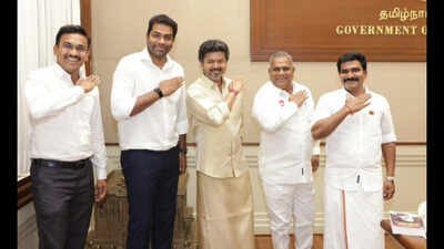 First test finished: Chief minister C Joseph Vijay and his cabinet colleagues after the victory of TVK candidates in the bypolls on Friday. TN bypolls: Ruling TVK wins first test, but vettri not impressive
