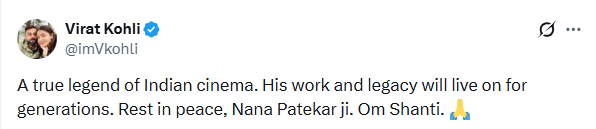 Virat Kohli mourns Nana Patekar’s death<br>
